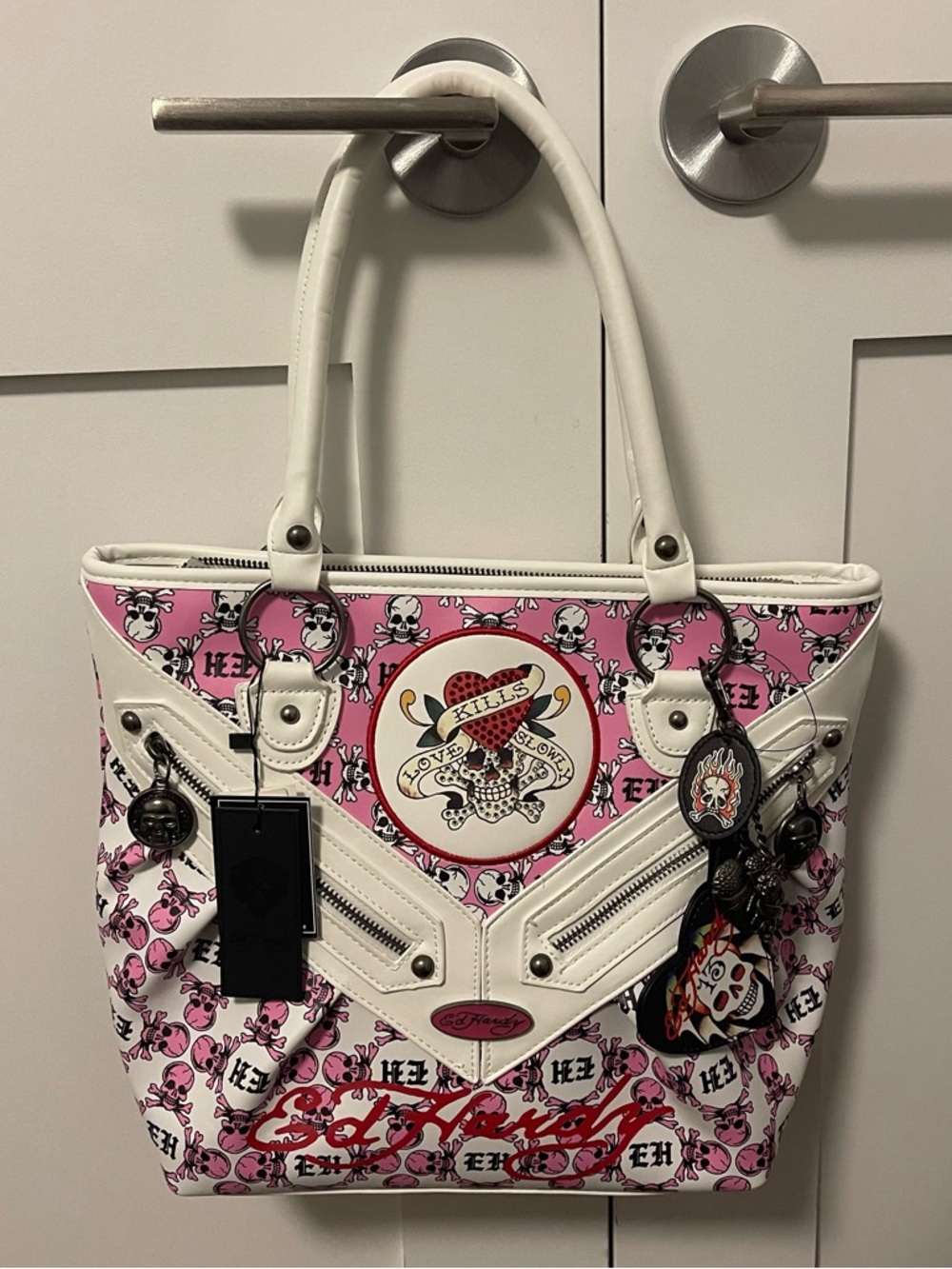 Ed Hardy Pink and White Tote with Tattoo Heart Motif